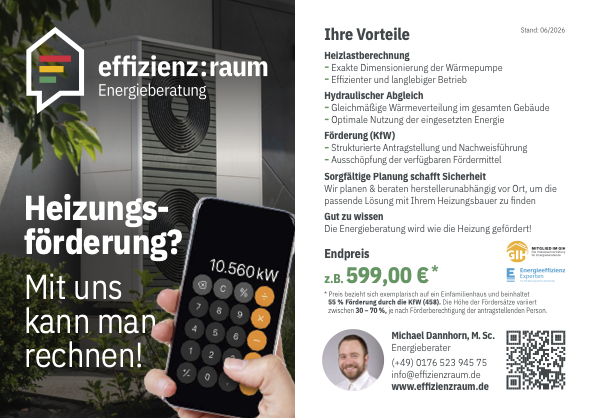 Aktionsangebot von effizienz:raum Energieberatung beim Heizungstausch für Förderantrag, Heizlastberechnung und hydraulischen Abgleich bei KfW-Heizungsförderung in Freiburg und Umland