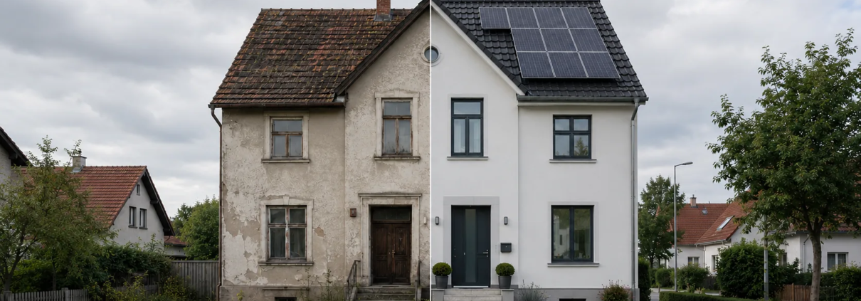 Vorher-Nachher-Ansicht eines sanierten Einfamilienhauses aus den 1960er Jahren im Freiburger Umland