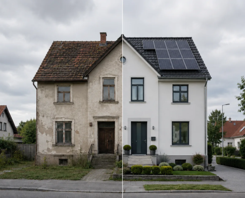 Vorher-Nachher-Ansicht eines sanierten Einfamilienhauses aus den 1960er Jahren im Freiburger Umland