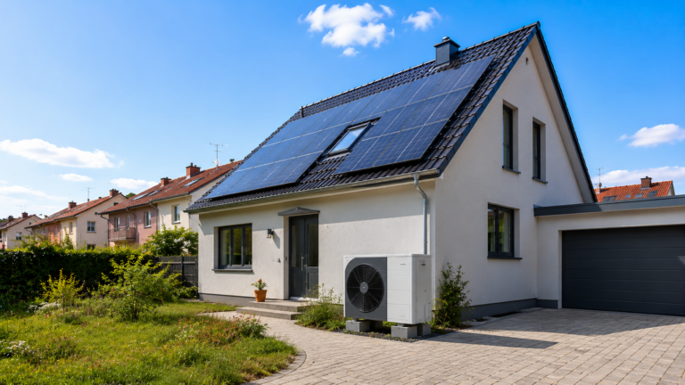 Modernisiertes Einfamilienhaus mit Luft-Wasser-Wärmepumpe und PV-Anlage als Beispiel für einen Heizungstausch in Freiburg und Umgebung