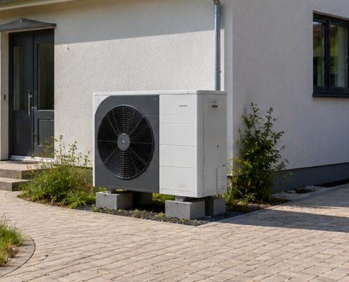 Modernisiertes Einfamilienhaus mit Luft-Wasser-Wärmepumpe und PV-Anlage als Beispiel für einen Heizungstausch in Freiburg und Umgebung