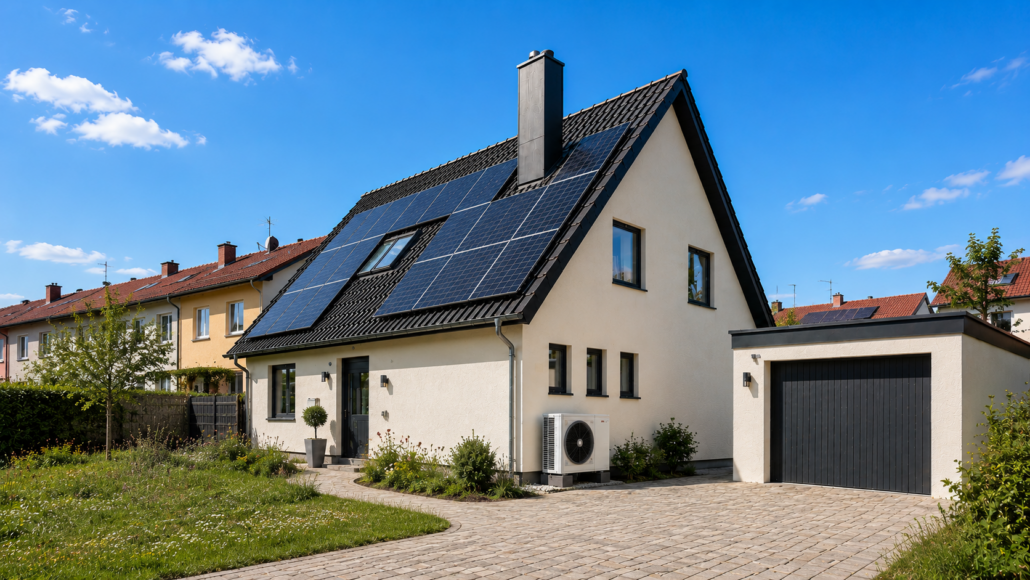 Saniertes Einfamilienhaus mit Luft-Wasser-Wärmepumpe, PV-Anlage und gepflastertem Hof als Beispiel für einen KfW geförderten Heizungstausch im Freiburger Umland