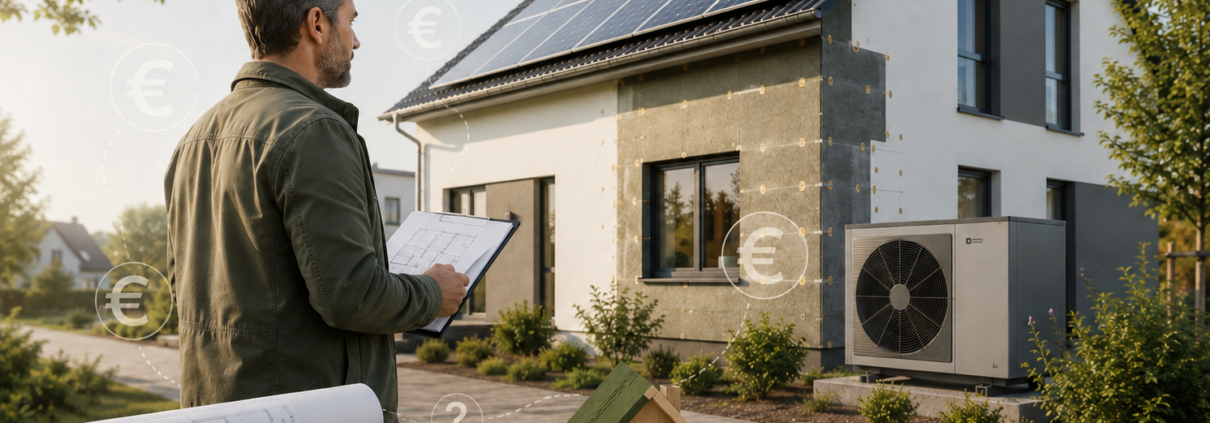 Energieberater vor saniertem Wohnhaus mit Wärmepumpe und Photovoltaikanlage zur BEG-Förderung 2026