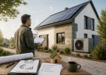 Energieberater vor saniertem Wohnhaus mit Wärmepumpe und Photovoltaikanlage zur BEG-Förderung 2026