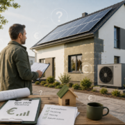 Energieberater vor saniertem Wohnhaus mit Wärmepumpe und Photovoltaikanlage zur BEG-Förderung 2026