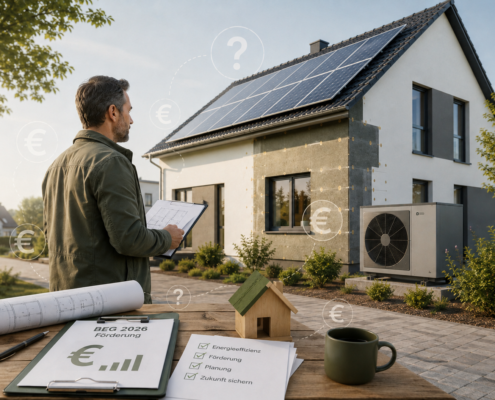 Energieberater vor saniertem Wohnhaus mit Wärmepumpe und Photovoltaikanlage zur BEG-Förderung 2026