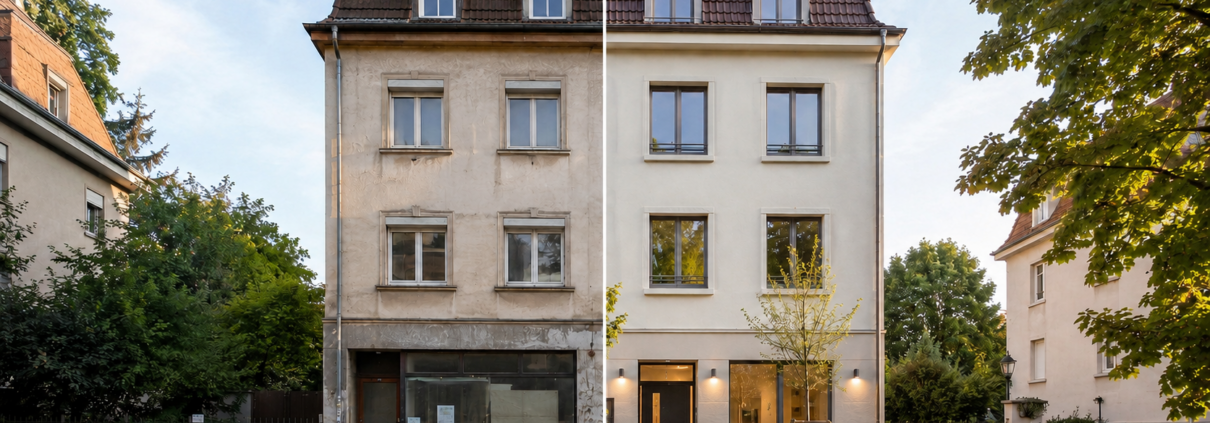 Vorher-Nachher-Vergleich eines Bestandsgebäudes bei der Umwandlung von Gewerbe zu Wohnraum mit KfW 266 in Freiburg