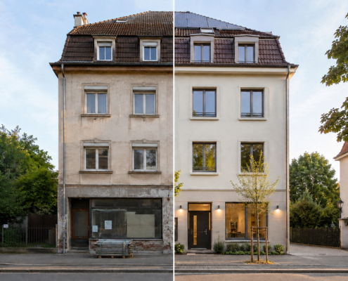 Vorher-Nachher-Vergleich eines Bestandsgebäudes bei der Umwandlung von Gewerbe zu Wohnraum mit KfW 266 in Freiburg