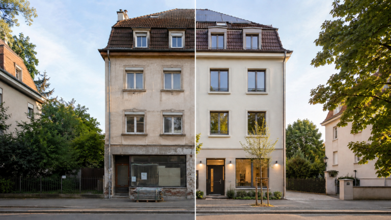 Vorher-Nachher-Vergleich eines Bestandsgebäudes bei der Umwandlung von Gewerbe zu Wohnraum mit KfW 266 in Freiburg
