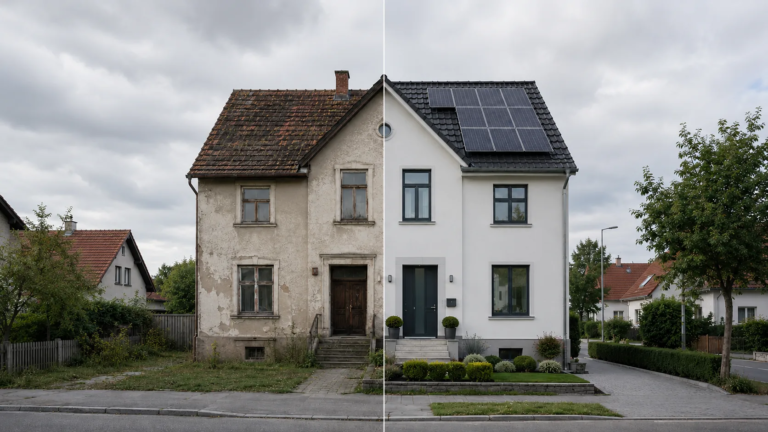 Vorher-Nachher-Darstellung eines energetisch sanierten Einfamilienhauses mit neuer Fassade, Fenstern und Photovoltaikanlage