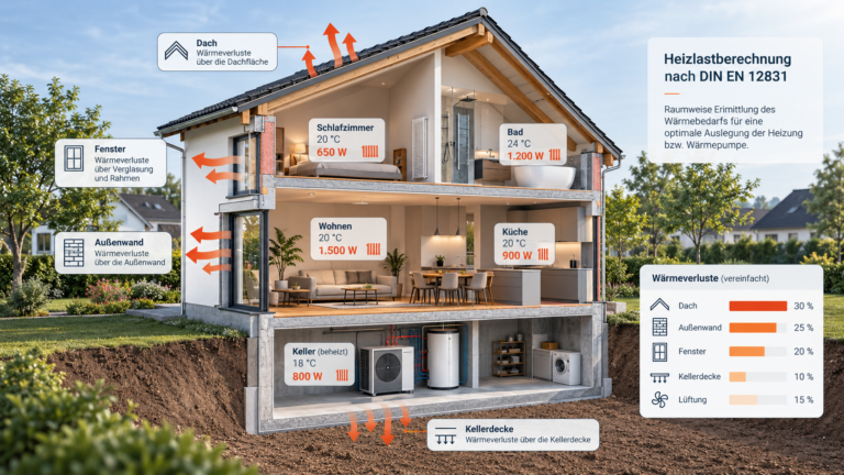 Schnittbild eines Einfamilienhauses mit raumweisen Heizlasten und Wärmeverlusten nach DIN EN 12831