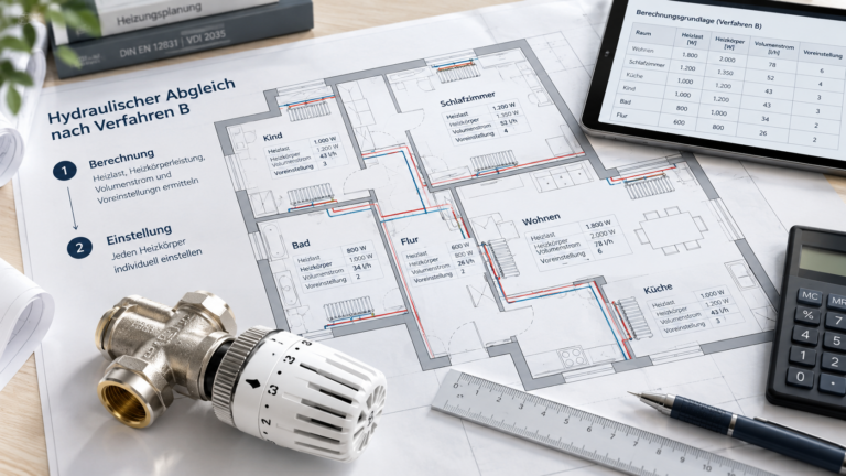 Technischer Heizkörperplan für einen hydraulischen Abgleich nach Verfahren B mit Heizlast, Volumenstrom und Ventileinstellung