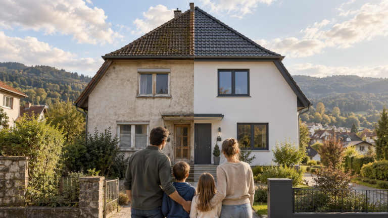 Junge Familie vor einem unsanierten und energetisch sanierten Einfamilienhaus – KfW 308 Jung kauft Alt